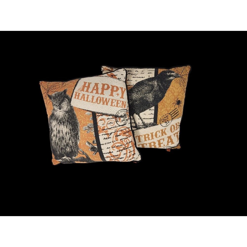 Stratford Home Halloween Pillow Set Owl & Crow Sleepy Hollow Orange Black Tan 18
